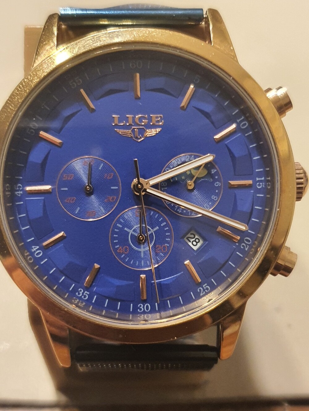 Lige Goldtone/Blue Stainless Steel Mesh Chronograph Men's Watch w/Moonphase